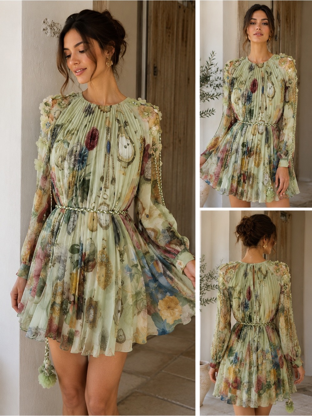 Pankaj & Nidhi 3D Floral Appliqué Silk Chiffon Mini Dress Green Size M Like New